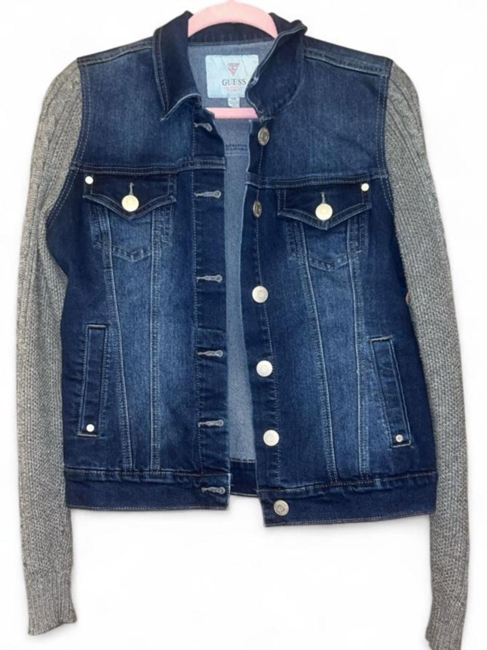 GUESS Denim Jacket Gray Cable Knit Sleeves Size Large